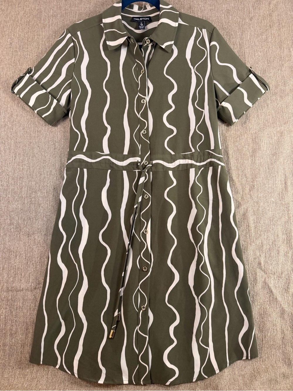 Halston Olive Green Abstract Wave Print Shirtdress - Size Small